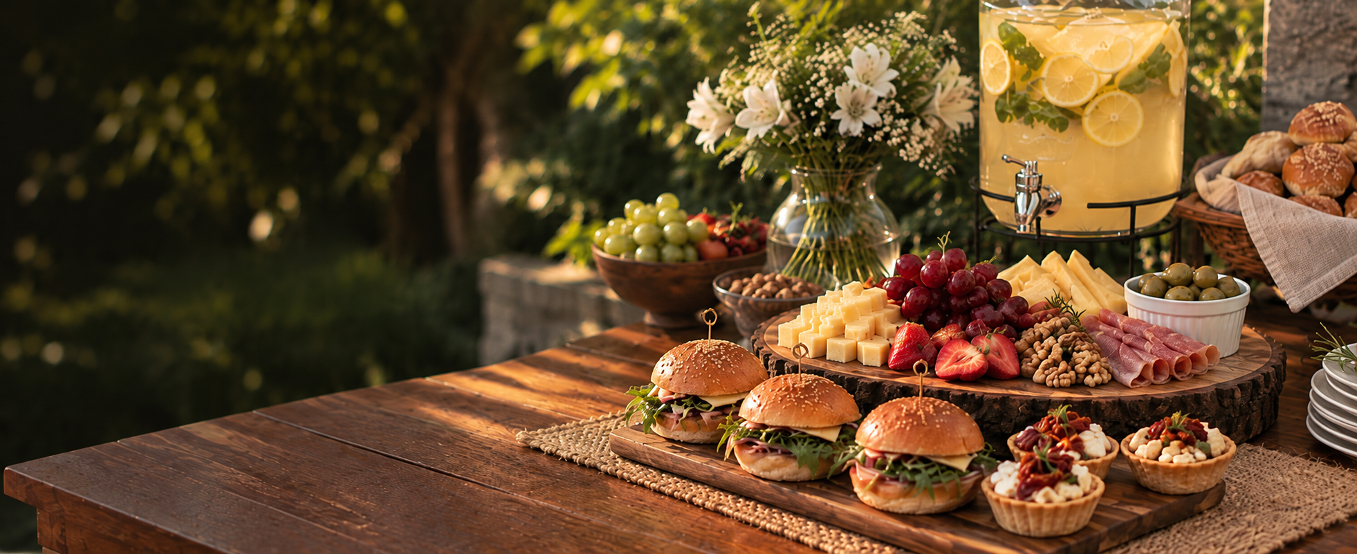 Mesa con bocaditos, bebidas y decoración